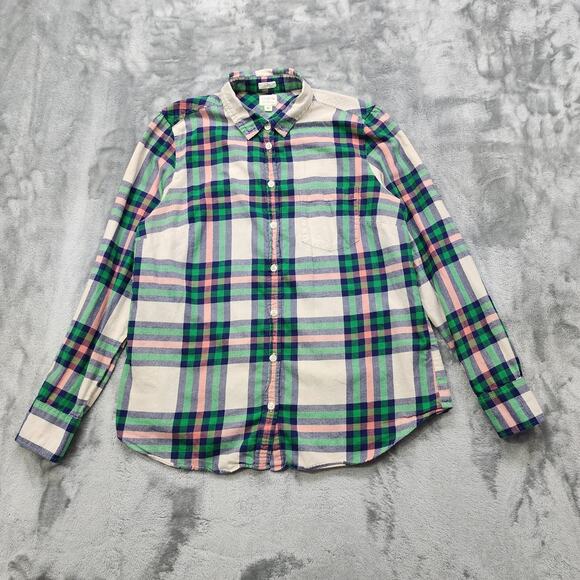 J.Crew Tops - J.Crew Top Womens M Green Blue Pink Beige Plaid Boy Fit Long Sleeve Button Up